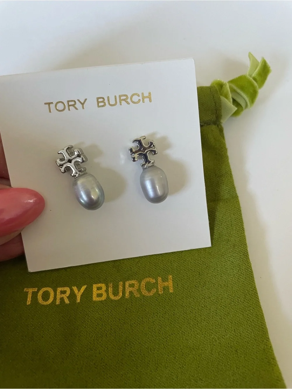 Tory Burch Silver Logo Earrings with Gray Pearl Drops